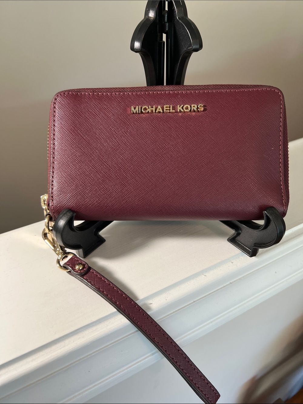 Michael Kors Wine Saffiano Leather Wristlet with Gold Logo